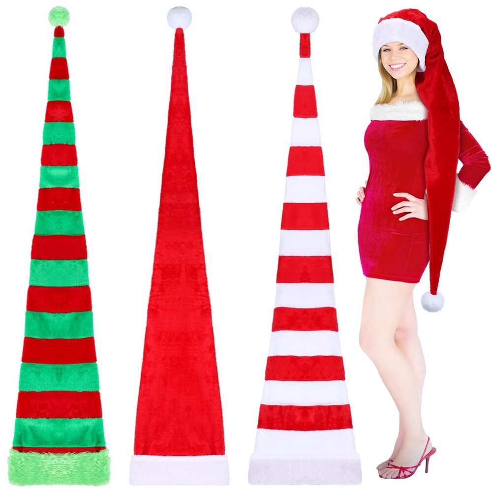 9575 3 Pcs 74 Inch Christmas Hats Adult Funny Striped Santa Elf Hat Plush